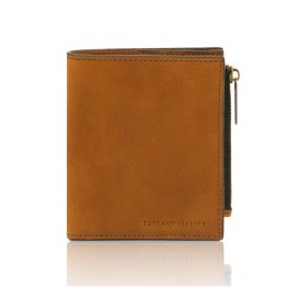 イタリア製マットなベジタブルタンニンレザーのコインケースつきふたつ折り財布、ナチュラル