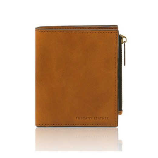 イタリア製マットなベジタブルタンニンレザーのコインケースつきふたつ折り財布、ナチュラル