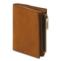 イタリア製マットなベジタブルタンニンレザーのコインケースつきふたつ折り財布、ナチュラル