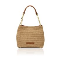 イタリア製ラフィア＆シボ型押しレザー2WAY巾着かごバッグ TL BAG、コニャック