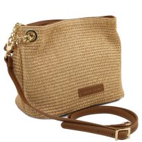 イタリア製ラフィア＆シボ型押しレザー2WAY巾着かごバッグ TL BAG、コニャック