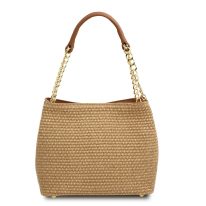 イタリア製ラフィア＆シボ型押しレザー2WAY巾着かごバッグ TL BAG、コニャック