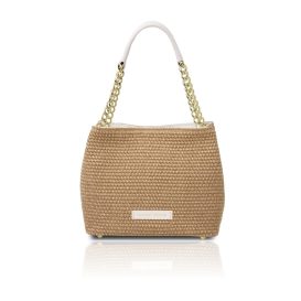 イタリア製ラフィア&シボ型押しレザー2WAY巾着かごバッグ TL BAG、ホワイト