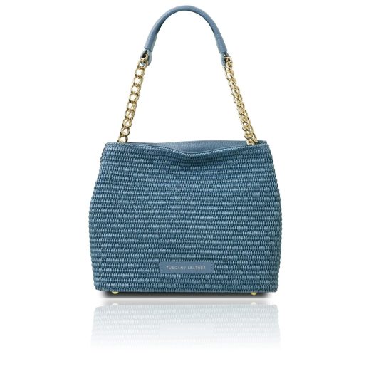 イタリア製ラフィア＆シボ型押しレザー2WAY巾着かごバッグ TL BAG、デニム