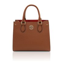 イタリア製DAMA 大粒シボ型押しレザー2WAYハンドバッグ、コニャック