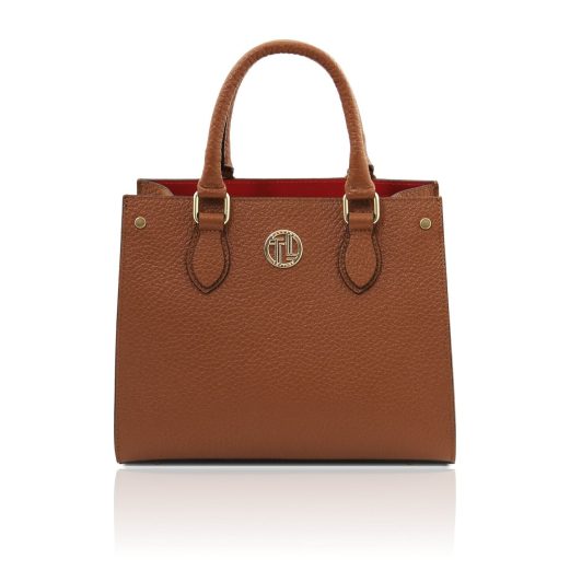 イタリア製DAMA 大粒シボ型押しレザー2WAYハンドバッグ、コニャック