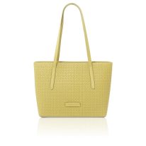 イタリア製DEDALO イントレチャート編み込み風フルグレインレザートートバッグ、パステルイエロー