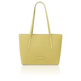 イタリア製DEDALO イントレチャート編み込み風フルグレインレザートートバッグ、パステルイエロー