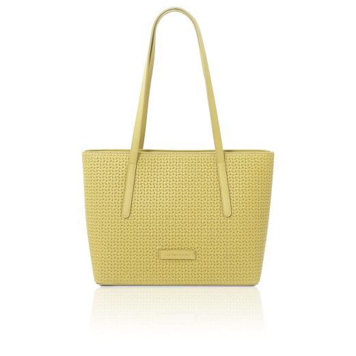 イタリア製DEDALO イントレチャート編み込み風フルグレインレザートートバッグ、パステルイエロー