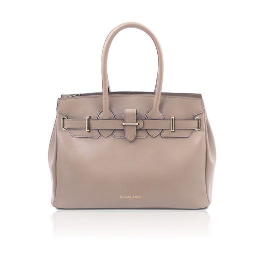 イタリア製スムースボックスレザーのエレガントな2WAYハンドバッグTL BAG、ライトトープ