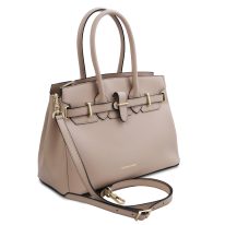 イタリア製スムースボックスレザーのエレガントな2WAYハンドバッグTL BAG、ライトトープ