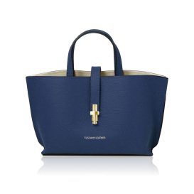 イタリア製 AGATHA シボ型押しレザー2WAYハンドバッグ、ダークブルー